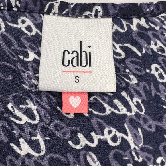 CAbi Te Amo Navy Blue Love Letter Languages Script Balloon Sleeve Blouse Size S - Picture 2 of 14